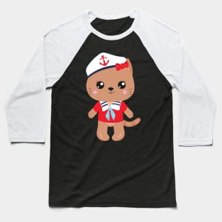 Sailor Cat, Sailor Hat, Boat Captain, Brown Cat Baseball T-Shirt